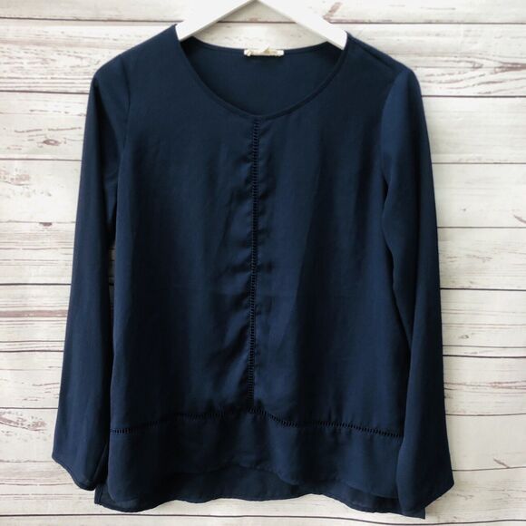 PLEIONE Womens Navy Blue Tunic Long Sleeve Small Eyelet Semi Sheer - Picture 1 of 6